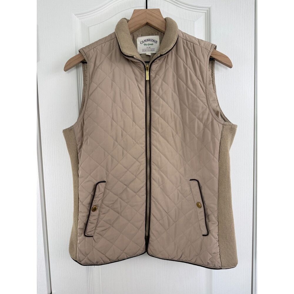 Cambridge Dry Goods Tan Beige Quilted Full Zip Vest Women's S Small